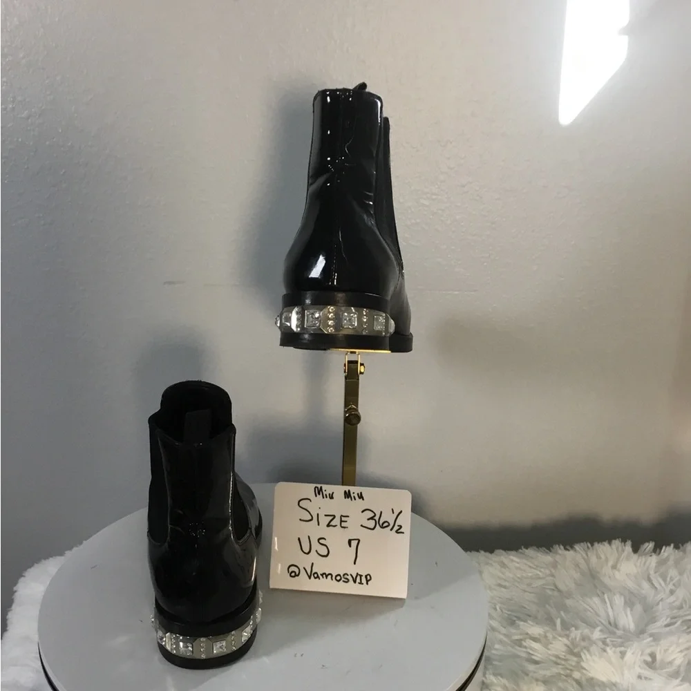 Miu Miu Patent Leather Black Ankle Boots with Crystal Heel Accent